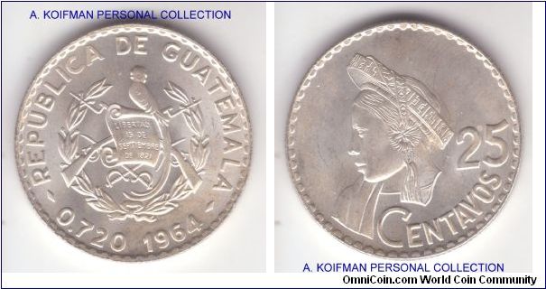 KM-263, 1964 Guatemala 25 centavos, silver reeded edge; nice brilliant uncirculated, last year of the silver mintage.