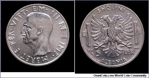 Kingdom of Italy (Albania) - Victor Emmanuel III - 5 Lek - Silver