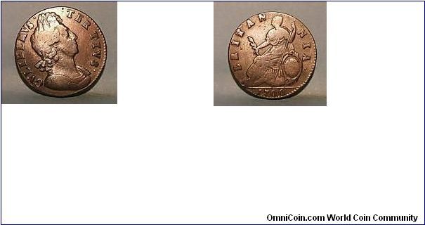 William 111 1700 halfpenny.
A rather nice example with no problems (at least Britannia has her head)