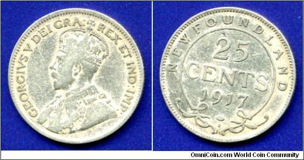 25 cents.
Newfoundland.
George V (1910-1936).
'C'- Royal Canadian mint, Ottawa.
Mintage 464,779 units.


Ag925f. 5,83gr.