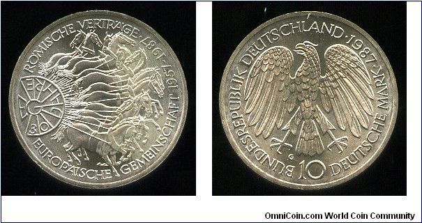 10 DM
30th anniversary of the Treaty of Rome 1957-1987
Chariot pulled by 12 horses
Eagle value & date
Karlsruhe mint = G