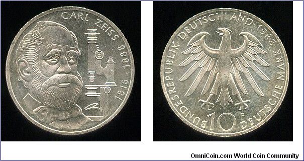 10 DM
100th Anniversery of the death of Karl Zeiss 1816-1888
Karl Zeiss & microscope
Eagle value & date
Stuttgart mint = F