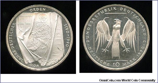 10 DM
800th anniversary of the Teutonic Order 1190-1990
Shield with cross + Madona & child
Eagle value & date
Hamburg mint = J