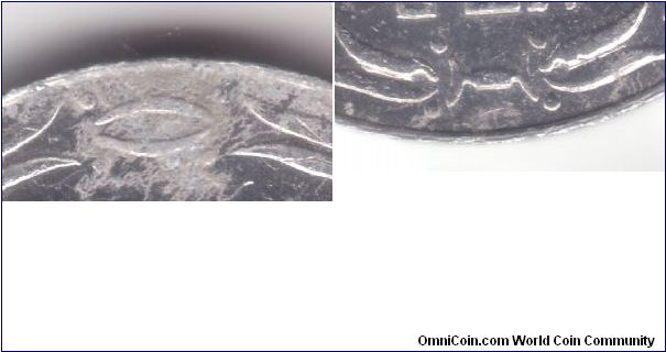 Details of the 1949 25 mils below - closed link at the top of the wreath (left) and bottom link (right) with the pearl connected to the half arcs.