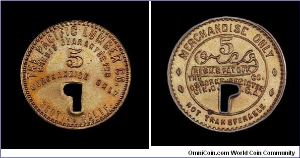 Pacific Lumber Co. trade token ca. 1939. 5 cents.