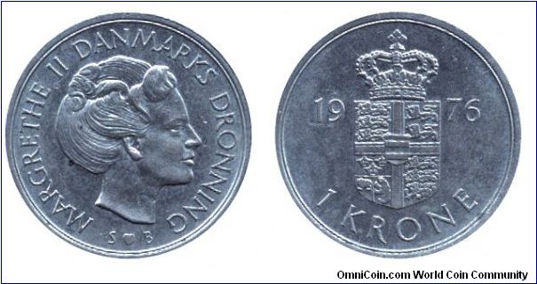 Denmark, 1 krone, 1976, Cu-Ni, Margrethe II.                                                                                                                                                                                                                                                                                                                                                                                                                                                                        