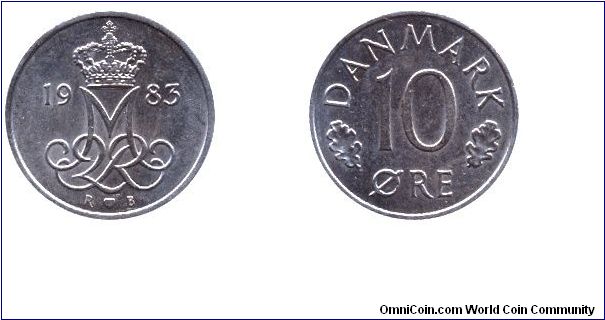 Denmark, 10 öre, 1983, Cu-Ni, Sign of Margrethe II.                                                                                                                                                                                                                                                                                                                                                                                                                                                                 