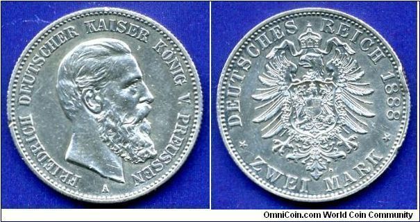 2 Mark.
Prussia.
Friedrich III, Friedrich Wilhelm Nikolaus Karl, 18 October, 1831, Potsdam - 15 June 1888, ibid, Emperor (Kaiser) of Germany and King of Prussia on 9 March 1888, Prussian General-Field Marshal (28 October 1870), Russian General-Field Marshal (1872 ), Was one of the most promising heir of Europe, but the king of all 99 days, died of a painful disease.
Mintage 500,000 units.


Ag900f. 11,11gr.