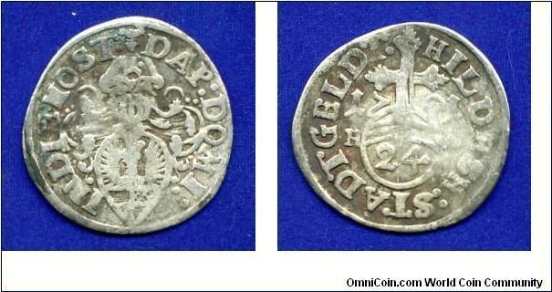 1/24 Thaler (Groschen).
The so-called Appfelgroschen - apple-grosh.
Free Imperial City Hildesheim.
City law received at the end of XII century or the beginning of XIII century.


Ag.