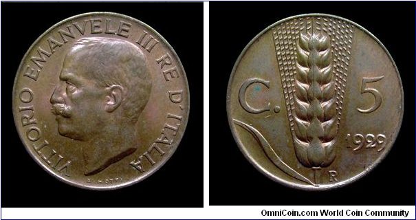 Kingdom of Italy - Victor Emmanuel III - 5 Cent. ear of wheat - Copper