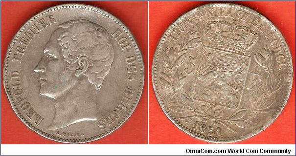 5 francs
Leopold I, King of the Belgians, bare head
L'Union fait la force (= Unity is strength)
0.900 silver