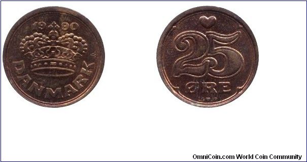 Denmark, 25 öre, 1990, Bronze.                                                                                                                                                                                                                                                                                                                                                                                                                                                                                      