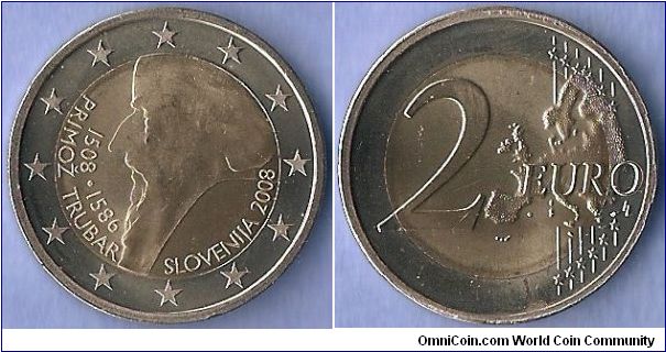 Denominacion: 2 Euros. Primoz Trubar. 1508-1586