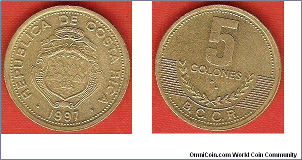 5 colones
Banco Central de Costa Rica (B.C.C.R.)
brass
large letters in legend