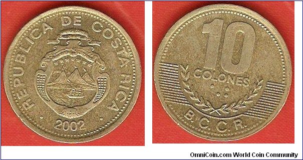 10 colones
Banco Central de Costa Rica (B.C.C.R.)
brass
shield not outlined