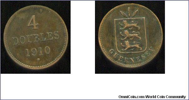 4 Doubles
1910 H
Heton Mint
Value & date in wreath
Coat of arms in wreath