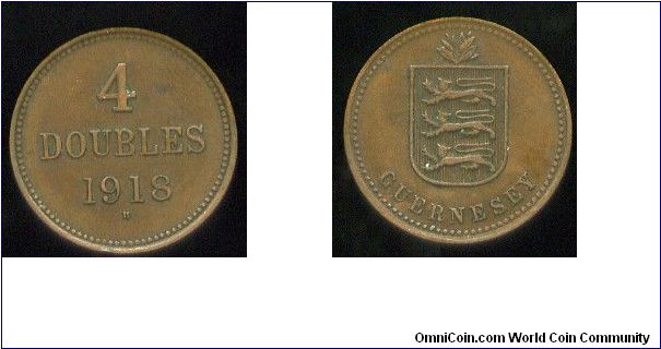 4 Doubles
1918 H
Heton Mint
Value & date in wreath
Coat of arms in wreath