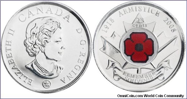 Canada, 25 cents, 2008 90th anniversary of the Armistice Day