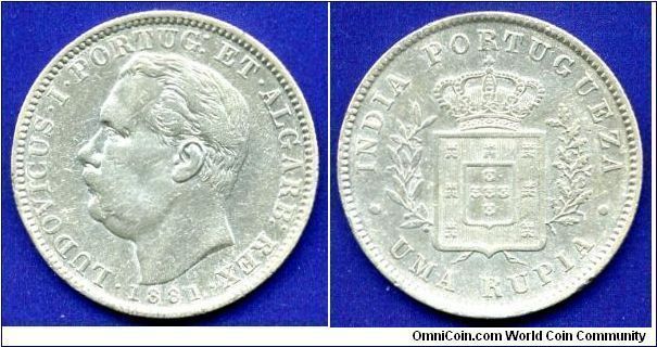 1 Rupia.
*INDIA PORTUGUEZA*.
King Ludovicus I (1861-1889).
Mintage 1,763,000 units.


Ag917f. 11.67gr.