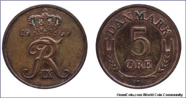 Denmark, 5 öre, 1969, Bronze, Sign of Frederik IX.                                                                                                                                                                                                                                                                                                                                                                                                                                                                  