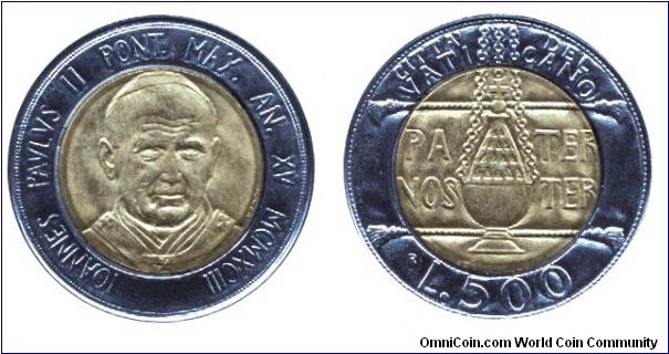 Vatican City, 500 liras, 1993, bi-metallic, Pater Noster, Pope Joannes Paulus II.                                                                                                                                                                                                                                                                                                                                                                                                                                   