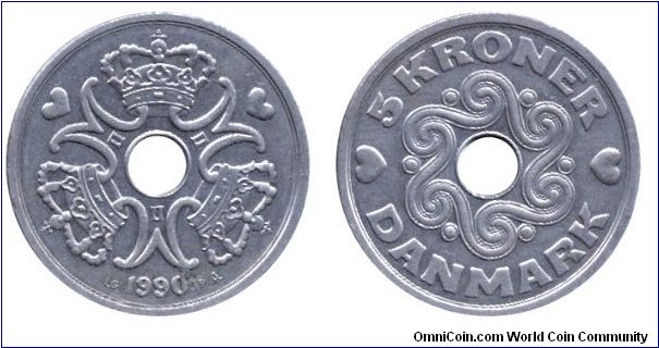 Denmark, 5 kroner, 1990, Cu-Ni, holed, Sign of Margrethe II.                                                                                                                                                                                                                                                                                                                                                                                                                                                        