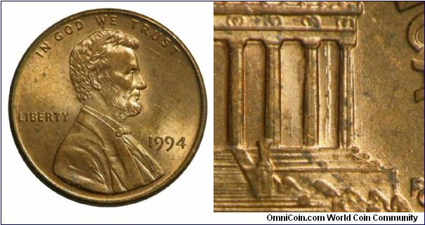 1994 Lincoln, One Cent, Doubled Die Reverse, Class 4 Doubling of the Columns in the Last Two Bays of the Memorial