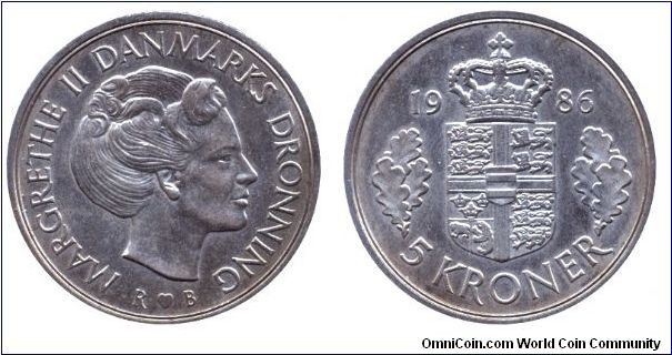 Denmark, 5 kroner, 1986, Cu-Ni, Queen Margrethe II.                                                                                                                                                                                                                                                                                                                                                                                                                                                                 
