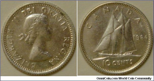 Canada, 10 cents, 1964 (1953-1964) Regulation Coin, the Schooner, silver