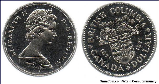 1971 1 Dollar - The reverse is the arms of the province of British Columbia. This coin commemorates B.C. entering Confederation in 1871.
