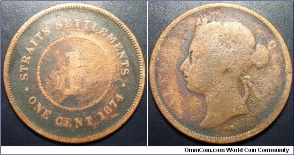 Malaya 1874 1 cent. In coin orientation, i.e. up down. All the other Malaya coins I own seem to be struck in coin alignment.