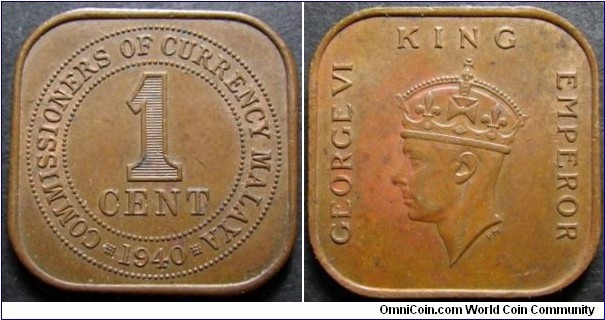 Malaya 1940 1 cent. Nice condition. Weight: 5.88g