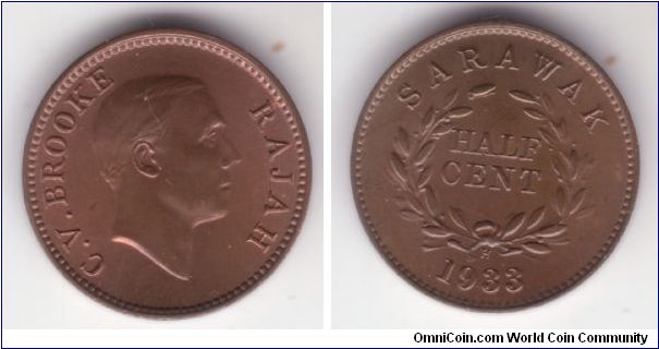 KM-20, 1933 Sarawak half cent, very nice lightly toned uncirculated speciment in bronze, plain edge