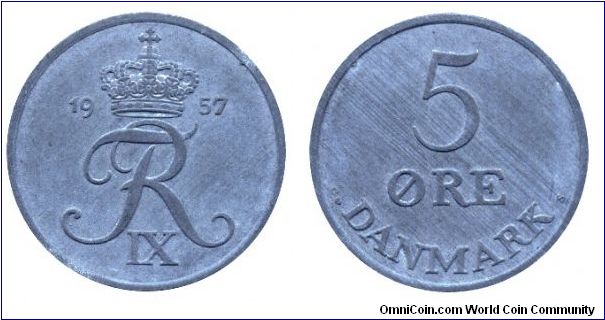 Denmark, 5 öre, 1957, Zn, Sign of Frederik IX.                                                                                                                                                                                                                                                                                                                                                                                                                                                                      