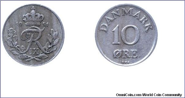 Denmark, 10 öre, 1951, Cu-Ni, Sign of Frederik IX.                                                                                                                                                                                                                                                                                                                                                                                                                                                                  