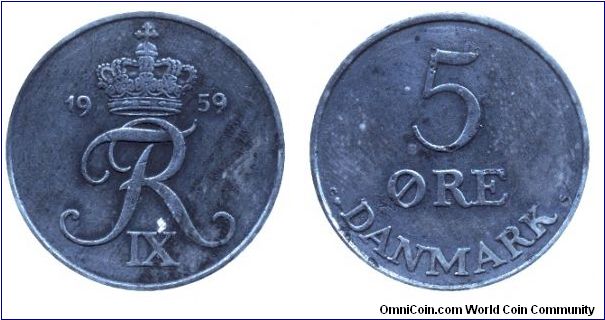 Denmark, 5 öre, 1959, Zn, Sign of Frederik IX.                                                                                                                                                                                                                                                                                                                                                                                                                                                                      