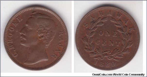 KM-6, 1889 Sarawak cent, very fine, decent wear good rims