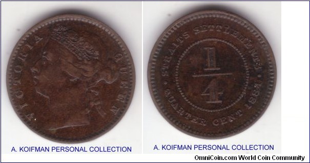 KM-7a, 1884 Straits Settlements 1/4 cent; bronze, plain edge; Victoria, one year type, dark brown and still a bit dirty but good very fine, unlike the 10 cents of the same year, this coin have normal and not crosslet 4 in the date.