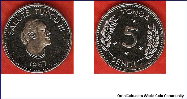 5 seniti
Queen Salote Tupou III, posthumous issue
copper-nickel proof