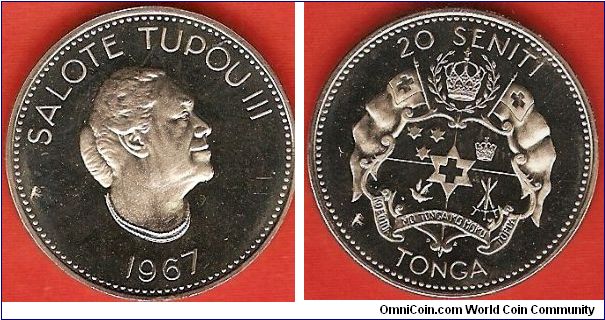 20 seniti
Queen Salote Tupou III, posthumous issue
copper-nickel proof