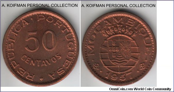 KM-81, 1957 Portuguese Mozambique (Colony) 50 centavos; bronze, plain edge; mostly red with minor brown toning starting, quality uncirculated.