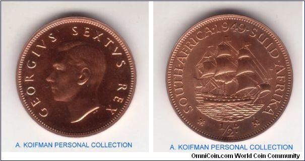 KM-33, 1949 South Africa half penny; red proof; bronze plain edge. beautiful, mintage 800.