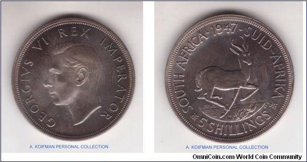 KM-31, 1947 South Africa 5 shillings; toned proof well preserved; silver reeded edge depicting HM George VI on obverse and ever present springbok on reverse; commemorating Royal visit to South Africa.