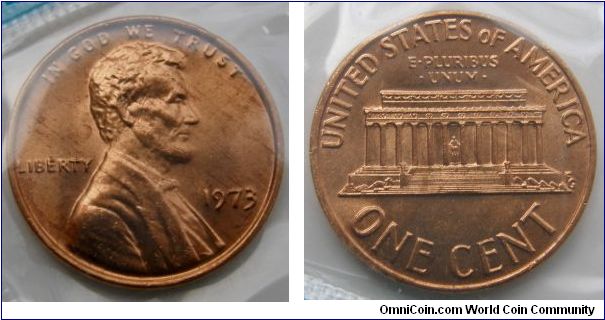 Lincoln One Cent. 1973 Mint Set.
Mintmark: None (for Philadelphia, PA) below the date