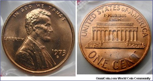 Lincoln One Cent. 1973 Mint Set.
Mintmark: D (for Denver, CO) below the date