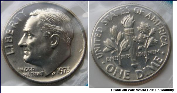 Roosevelt One Dime, 1973 Mint Set. Mintmark: None (for Philadelphia, PA) above the date
