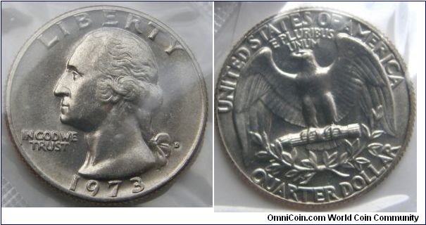 Washington Quarter Dollar, 1973 Mint Set. Mintmark: D (for Denver, CO) on the obverse just right of the ribbon