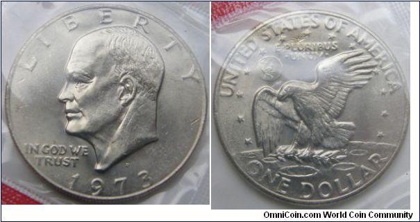 EISENHOWER One Dollar, 1973 Mint Set. Mintmark: D (for Denver, CO) between Eisenhower's head and the date