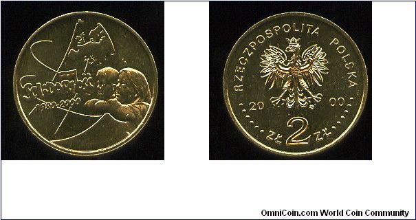 2Zl
The 20th Anniversary of forming the Solidarity Trade Union
Two children, inscription Solidarnosc/1980-2000. Background image of a fragment of the globe and a fragment of the outline of Europe
Eagle, value & date