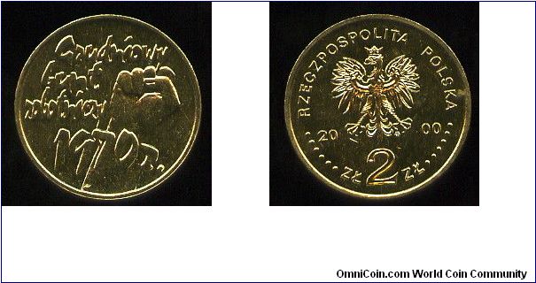 2Zl
30th Anniversary of December Events in 1970
Human forearm with a tight fist. On the left side an inscription: Grudniowy / bunt / robotniczy / 1970 ( Workers' riot in December 1970)
Eagle, value & date